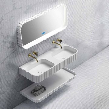 Set mobilier cu lavoar pe perete, raft si oglinda, din compozit, 120 cm, alb, finisaj mat, cu riflaje, MonBlari