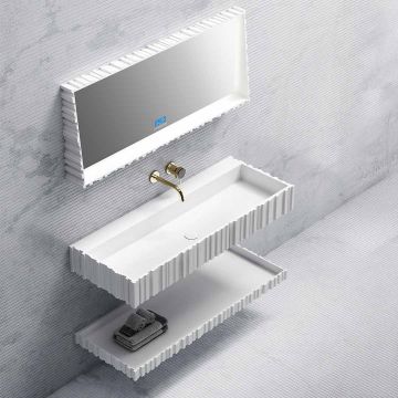 Set mobilier cu lavoar pe perete, raft si oglinda, din compozit, 120 cm, alb mat, cu riflaje, MonBlari