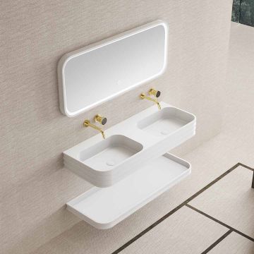 Set mobilier de baie cu lavoar dublu, raft si oglinda, 140 cm, colturi rotunjite, din compozit, alb, MonBlari