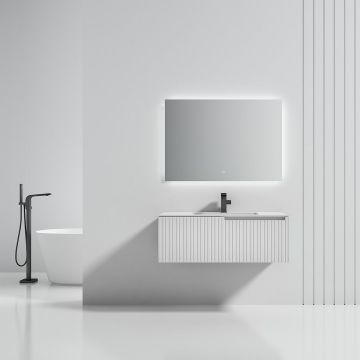 Set mobilier de baie cu lavoar incastrat si oglinda LED, 100 cm, din compozit si MDF, alb mat, MonBlari