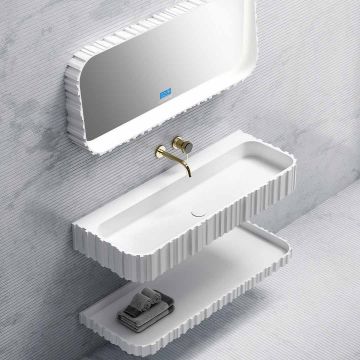 Set mobilier de baie cu lavoar pe perete, raft si oglinda LED, 100 cm, colturi rotunjite, din compozit, alb, MonBlari