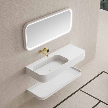 Set mobilier de baie cu lavoar pozitionat pe stanga, raft si oglinda, 120 cm, colturi rotunjite, din compozit, alb, MonBlari