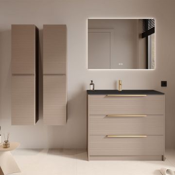 Set mobilier gri cenusiu cu 2 coloane suspendate, lavoar incastrat negru mat și oglindă, cu riflaje Dogato, 100 cm, SaviniDue Iconica