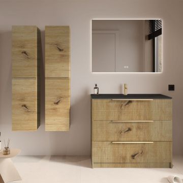 Set mobilier imitatie lemn cu 2 coloane suspendate, lavoar incastrat negru mat și oglindă, cu riflaje Dogato, 100 cm, SaviniDue Iconica