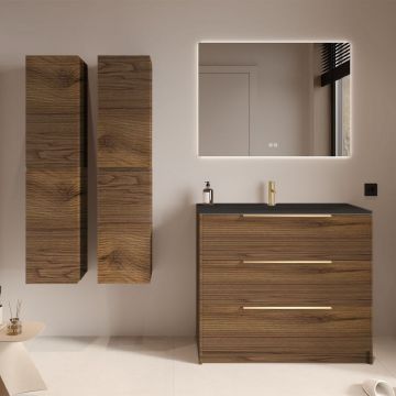 Set mobilier imitatie lemn inchis cu 2 coloane suspendate, lavoar incastrat negru mat și oglindă, cu riflaje Dogato, 100 cm, SaviniDue Iconica