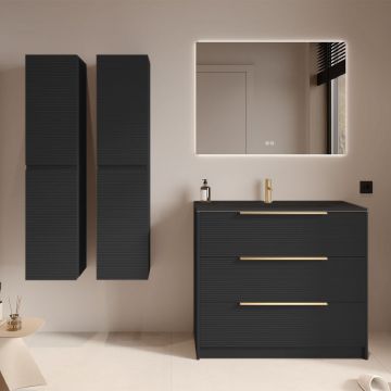 Set mobilier negru mat cu 2 coloane suspendate, lavoar incastrat negru mat și oglindă, cu riflaje Dogato, 100 cm, SaviniDue Iconica