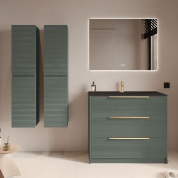 Set mobilier verde salvie cu 2 coloane suspendate, lavoar incastrat negru mat și oglindă, cu riflaje Dogato, 100 cm, SaviniDue Iconica