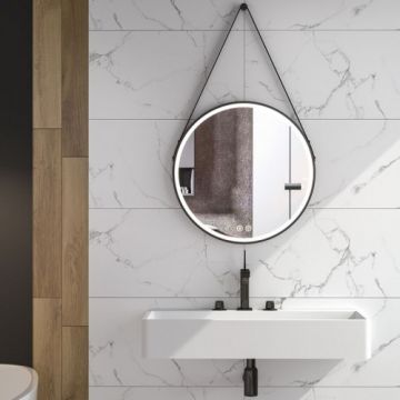 Oglinda LED rotunda Fluminia Mona 60 cm cu dezaburire si margine din piele neagra - Dimensiune 60cm