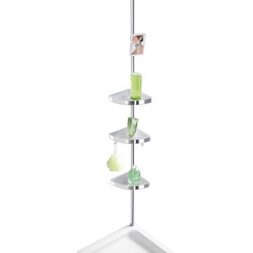 Etajera de colt extensibila pentru baie, Wenko, Premium 1, 3 rafturi, 2 carlige si oglinda, 27.5 x 70-260 x 20 cm, aluminiu