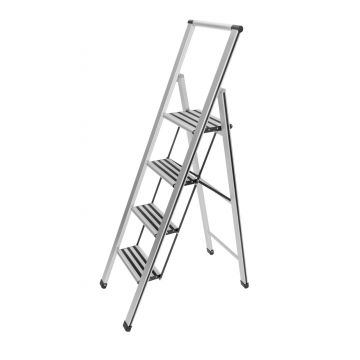 Scara pliabila, Wenko, 4-step, 44 x 153 x 5.5 cm, aluminiu/plastic, gri