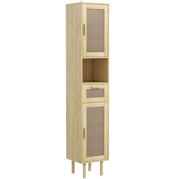 HOMCOM Mobilier baie coloană de depozitare pentru baie cu uși din ratan sertar 2 dulapuri 32 x 30 x 170 cm stejar | Aosom Romania
