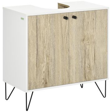 kleankin Dulap sub lavoar, mobilier de baie cu 2 uși, picioare din oțel, 60 x 30 x 60 cm, alb și lemn natural | Aosom Romania