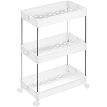 Carucior cu 3 niveluri, rafturi etajate detasabile, roti pivotante 360A , cadru metalic, 42x24x61 cm, alb