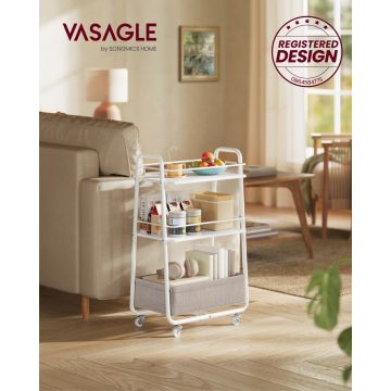 Carucior de depozitare cu 3 niveluri si cos textil Lilea, Vasagle, 43x30x81 cm, PAL/otel/poliester, alb cloud/camel