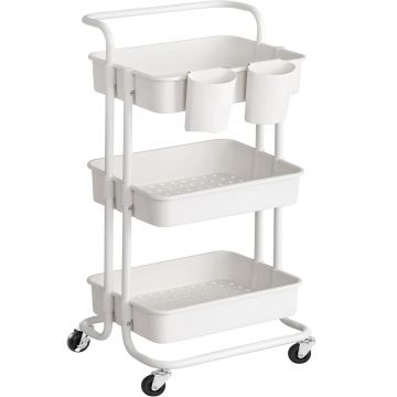 Carucior de depozitare pe roti, pentru bucatarie sau baie, cu 3 nivele, 42x34x86 cm, alb