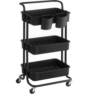 Carucior de depozitare pe roti, pentru bucatarie sau baie, cu 3 nivele, 42x34x86 cm, negru