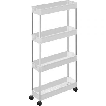 Carucior de depozitare pe roti, pentru bucatarie sau baie, din plastic, cu 4 nivele, 40x13x88cm, alb