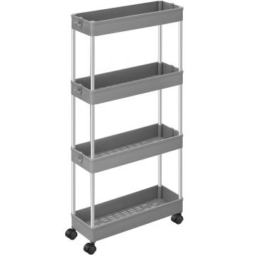 Carucior de depozitare pe roti, pentru bucatarie sau baie, din plastic, cu 4 nivele, 40x13x88cm, gri