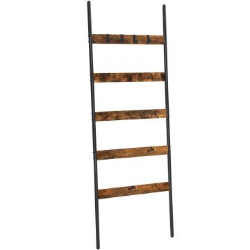 Cuier baie tip scara inclinata, cadru din otel cu 5 nivele, agatatori detasabile, 65x178cm, maro rustic si negru