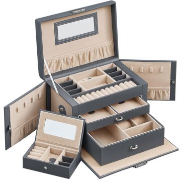 Cutie de bijuterii pe 3 nivele, cu 2 sertare, maner, oglinda, inchidere cu cheie, 18x26x17, gri