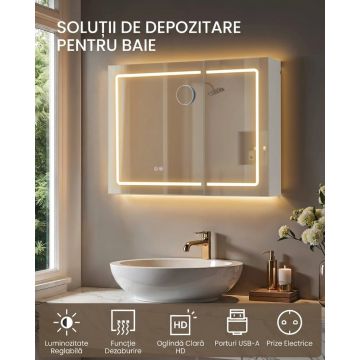 Dulap baie cu oglinda cu LED, Tiago, Alb, 80x60x16.5 cm