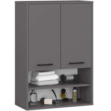 Dulap baie suspendat, cu 2 usi si 2 rafturi deschise, PAL 16 mm, 64x30x94 cm, gri