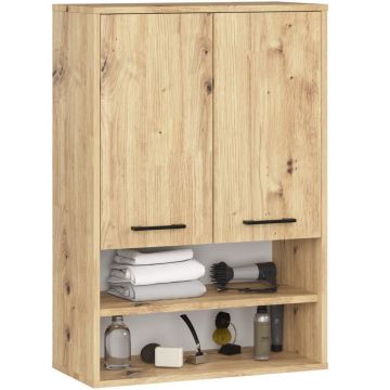 Dulap baie suspendat, cu 2 usi si 2 rafturi deschise, PAL 16 mm, 64x30x94 cm, stejar artisan