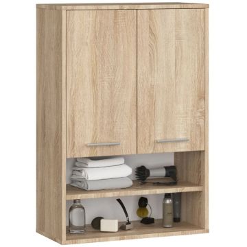 Dulap baie suspendat, cu 2 usi si 2 rafturi deschise, PAL 16 mm, 64x30x94 cm, stejar sonoma
