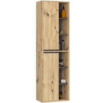 Dulap de baie suspendat cu 2 usi si 6 rafturi, PAL 16 mm, 50x30x170 cm, stejar artisan si gri