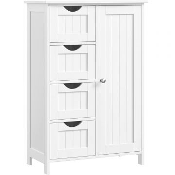 Dulap de depozitare pe podea pentru baie, din lemn, cu 4 sertare, 1 usa, rafturi reglabile, 30x55x82cm, alb