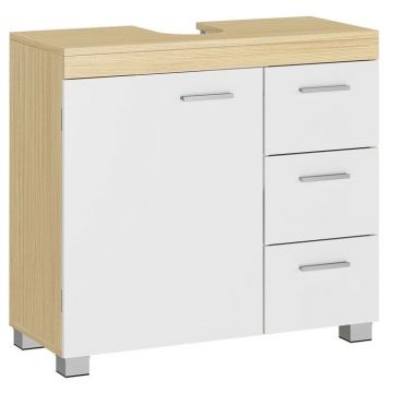 Dulap lavoar baie cu 3 sertare si 2 compartimente, MDF, 30x70x64 cm, alb si bej