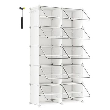 Dulap modular pantofi cu 10 compartimente, cu usi transparente, 83x32x156 cm, alb