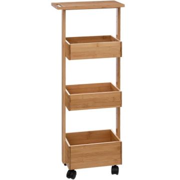 Etajera 5Five pentru spatii inguste, pe roti, 3 niveluri, bambus, 33x18x89 cm, natur