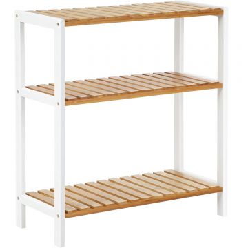 Etajera bambus 60x26x66 cm, cu 3 rafturi, kit anti-rasturnare, alb si natur