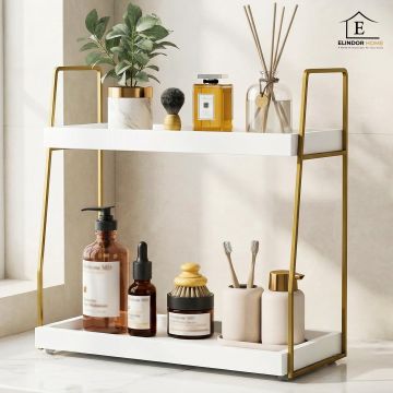 Etajera de Baie Elindor® pe 2 Niveluri, Tip Polita pe Blat, Raft de Dus, Organizator Baie sau Etajere Depozitare in Bucatarie, Suport Sapun, Rafturi de Dus, Accesorii din Lemn, 36 x 18 x 34 cm, Alb / Auriu - Default Title