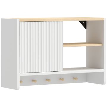 HOMCOM Dulap de perete pentru baie, corp de depozitare pentru baie cu ușă, polițe deschise și 5 cârlige | Aosom Romania