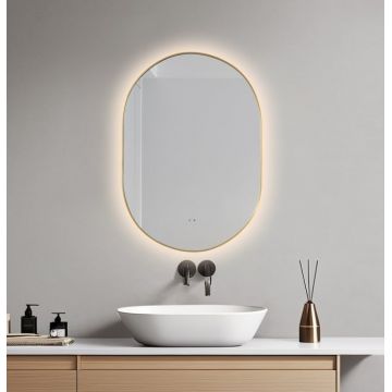 Oglinda baie 60x85 cm, reversibila, cu iluminare LED, rama slim aurie si senzor miscare, Belform Fortuna