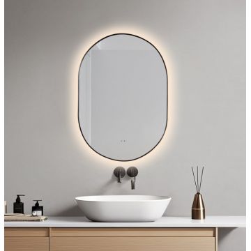 Oglinda baie 60x85 cm, reversibila, cu iluminare LED, rama slim neagra si senzor miscare, Belform Infinity