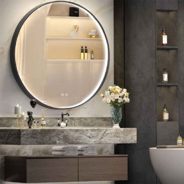 Oglinda rotunda Fluminia Uccello 90, cu iluminare LED si dezaburire, rama neagra