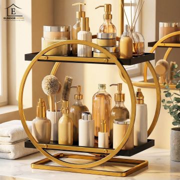 Organizator Cosmetice 2 Niveluri Elindor®, Suport Parfum si Skincare, Raft de Dus Baie, Etajera Depozitare, Accesorii Universale, 28 × 15 × 29 cm, Negru / Auriu - Default Title