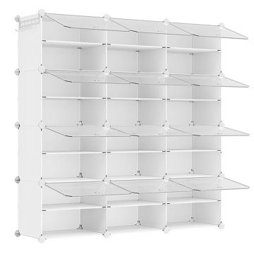 Organizator pantofi modular cu 12 compartimente, cadru metalic si panouri din plastic, cu usi, 124x32x125 cm, alb