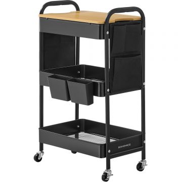 Raft de depozitare mobil tip carucior rulant, pentru baie sau bucatarie, cadru otel cu blat MDF, 31x44x74 cm, negru