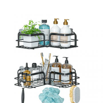 Raft de Duș Colțar, Etajeră pentru Baie, Oțel Inoxidabil, Set 2 Rafturi, Negru - Default Title