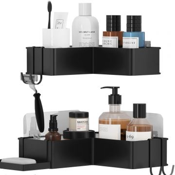 Raft de Duș Colț, Set 2 Etajere, Oțel Inoxidabil, Fără Gauri, Negru - Default Title