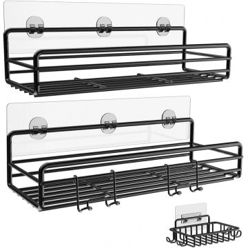 Raft de Duș cu Etajeră și Suport Săpun, Organizator Baie, Oțel Inoxidabil, 2 Rafturi, Negru, cu Adeziv - Default Title