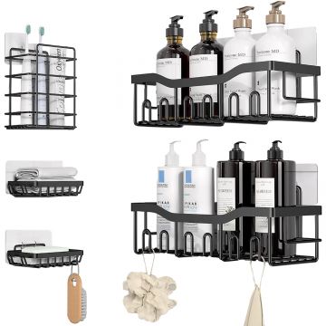 Raft de Duș și Organizator Baie, Set 5 Bucăți, Negru, Adeziv, Fără Găuri - Default Title