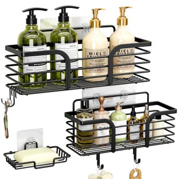 Raft de Duș Negru, Set 3 Etajere pentru Baie și Bucătărie, Organizator cu Prindere Adeziv - Default Title