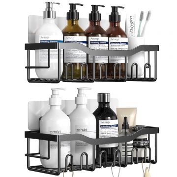 Raft de dus, etajera baie, pentru depozitare in bucatarie, organizator baie, prindere adeziv, set 2 rafturi de dus, Negru - Default Title