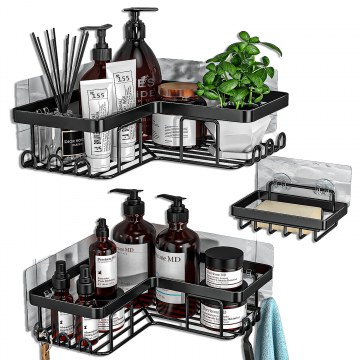 Raft de dus, etajera colt pentru baie,  pentru depozitare in bucatarie, organizator baie, set 3 bucati, Negru - Default Title