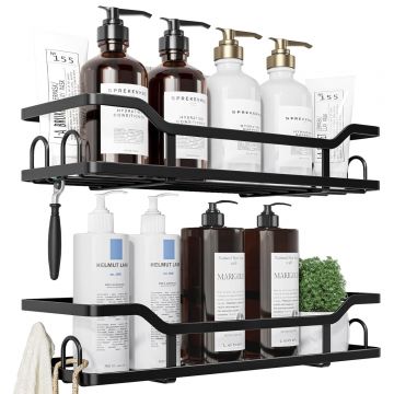Raft pentru Duș și Organizator de Baie, Set de 2 Rafturi cu Prindere Adezivă, Ideal pentru Depozitare în Bucătărie și Baie, Negru - Default Title
